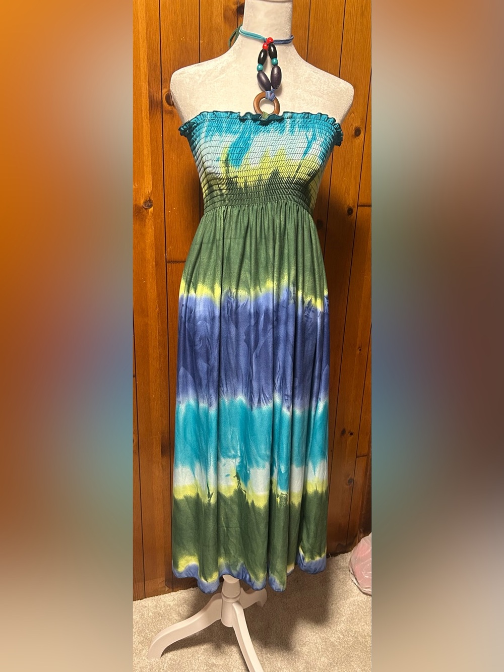 Boho Tie Dye Smocked Maxi Dress with Beaded Halter Accent size S